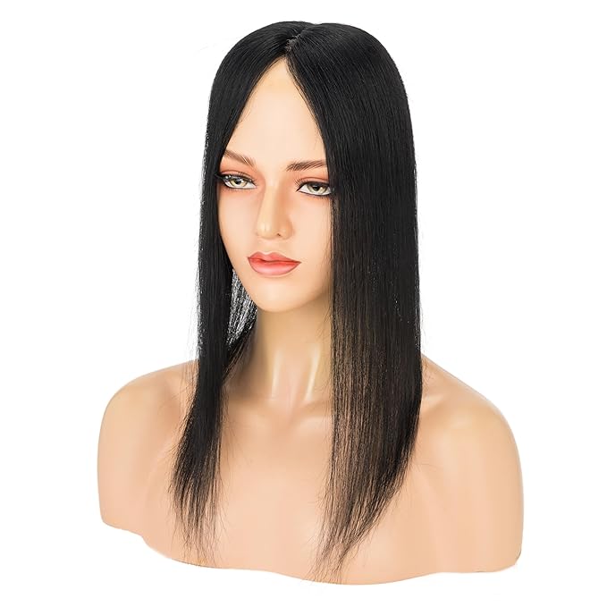 Hairro Human Hair Toppers Free Parted, 3.5x4.7" Base Hand-wovened 100% Real Hairpieces, with Invisible Clips-in for Women, for High Hairline/Adding Volume on Top, 14 Inch Jet Black