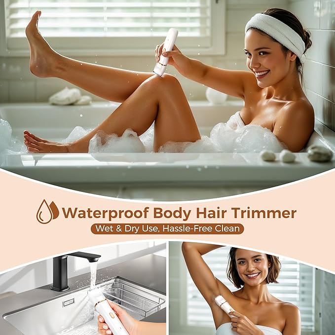 Bikini Trimmer for Women, 5-in-1 Waterproof Electric Razors for Women, Rechargeable Pubic Hair Trimmer, Electric Shaver with Travel Pouch, Body Shaver for Private Area Underarm Leg Face Nose, White