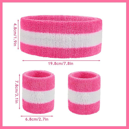 3 Pcs Sweat Band Set, 1 Pcs Headband and 2Pcs Wristbands, Pink Strips Sweatbands for Women Sports Fitness 80s Costumes Accessories(Pink)
