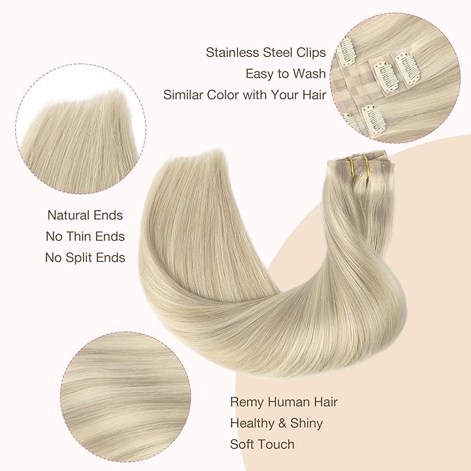 GOO GOO Clip in Hair Extensions Real Human Hair, Remy Human Hair Extensions Clip ins for Women, Natural Human Hair, 14inch 110g 7Pcs, 17A/60A Ash Blonde Highlighted Platinum Blonde