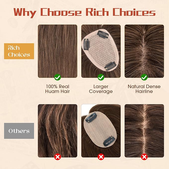 Rich Choices Human Hair Toppers for Women-100% Real Remy Hair Topper with 3D 360°Bang-Upgraded 150% Density 9 * 12CM Lace Base-Clip in Hairs topper for Thinning Hairs-12Inch #2R Chocolate Brown