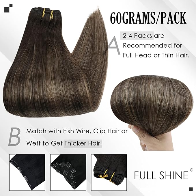 Full Shine Dark Brown Clip in Hair Extensions Real Human Hair 3 Pcs 60 G Ombre Hair Extensions Clip ins Dark Brown Balayage Invisible Human Hair for Women 16 Inch