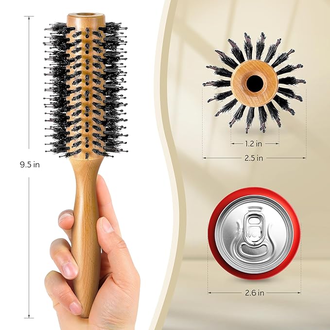BFWood Round Brush for Blow Out, 1.2 Inch Natural Wooden Boar Bristle Hair Brush for Blow Drying, Curling, Styling & Volume