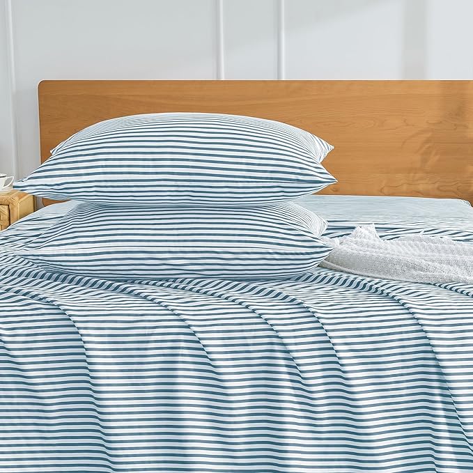 JELLYMONI 100% Natural Cotton Striped Queen Pillowcases Set, 2 Pack White and Grayish Blue Stripes Pattern Printed Pillow Covers with Envelope Closure(Pillows are not Included)
