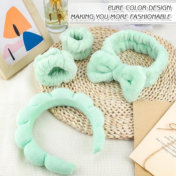 Zkptops 6Pcs Spa Headband for Washing Face Wristbands Set Women Bubble Skincare Makeup Sponge Terry Cloth Padded Puffy Headband Bow Tie Hairband Cute Non Slip Thick Hair Accessory Gifts (Light Green)