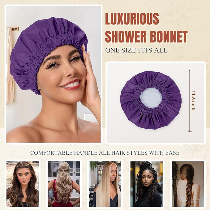 Reusable Shower Cap for Women, Stylish Large Waterproof Shower Bonnet Washable Wide Elastic Band Hair Cap for Long Hair, Braids Bath Hat(Dark Purple)