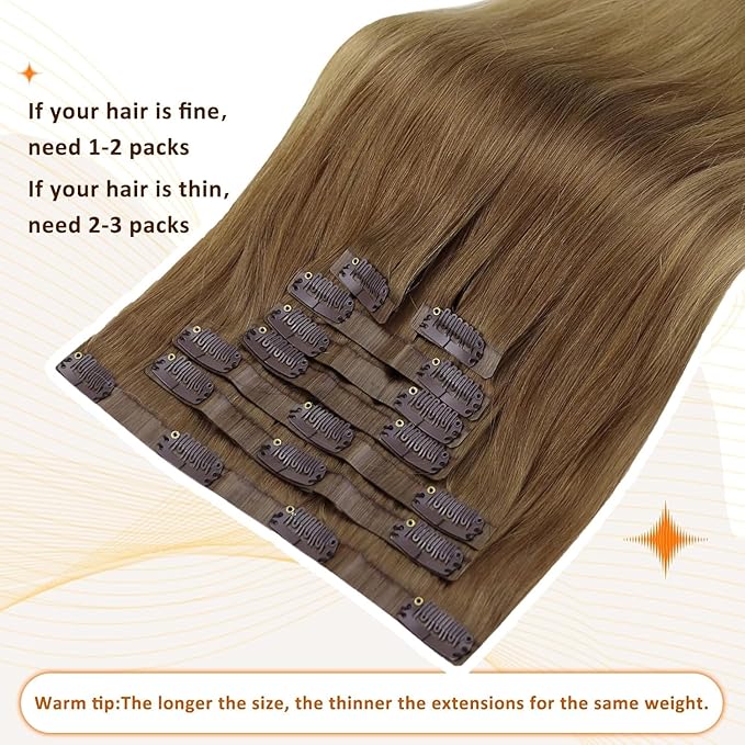 Full Shine Brown Seamless Clip in Hair Extensions Real Human Hair Brown Ombre to Blonde Hair Extensions 20 Inch for Women Hair Extension Real Human Hair PU Clip ins 120 G 8 PCS