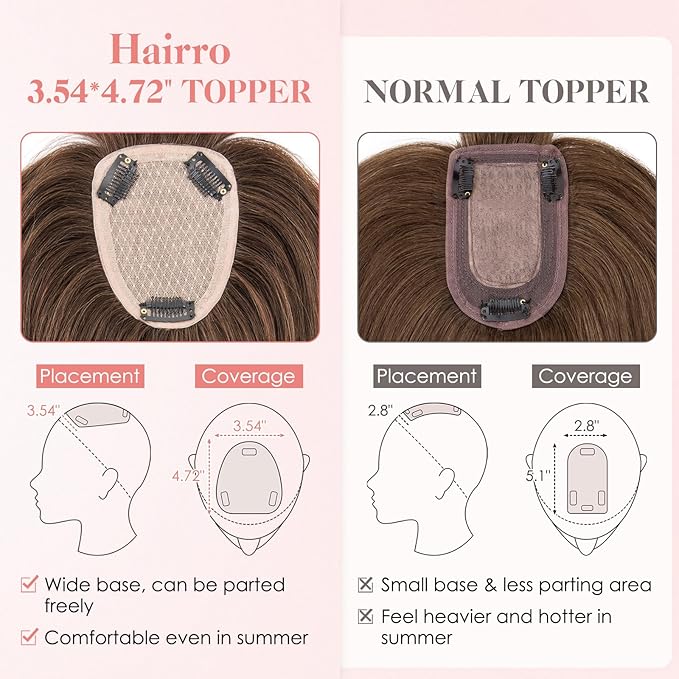 Hairro Human Hair Toppers with Wispy Bangs, 3.5x4.7" Hand-wovened Base for Women with Thinning Hair, Lightweight & Breathable Realistic Scalp, Clip-in Hairpieces for Easy Wear, 12 Inch Dark Brown