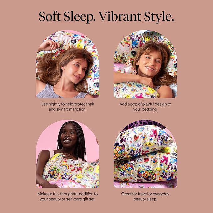 Kitsch x Lisa Frank Satin Pillowcase with Zipper for Hair & Skin, Softer Than Silk Pillow Cases, Wrinkle-Free, Smooth and Cooling Satin Pillow Covers Queen Size 19x26-The Fantastic World of Lisa Frank