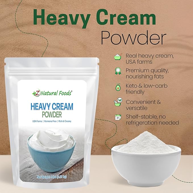 Z Natural Foods Heavy Cream Powder - Nutrient-Dense, Delicious Powdered Cream with 1-Year Shelf Life - Easy to Use & Perfect for Coffee, Baking & Recipes, Keto-Friendly, Gluten-Free, 5 lbs