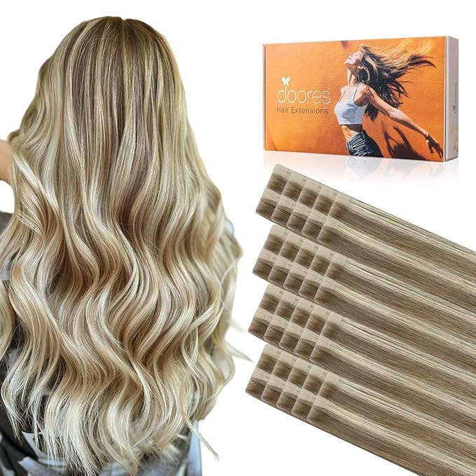 DOORES Invisi Edge Tape in Hair Extensions Human Hair, Light Brown Highlighted Medium Blonde 10 Injection Tape-ins with 10 Injection Tape-ins 50g 14 Inch, Virgin Tape in Extensions