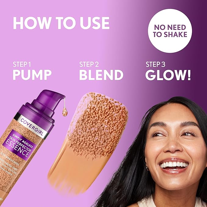 Covergirl Simply Ageless Skin Perfector Essence Foundation, 80 Deep, Tinted Skin Perfector, Skincare Makeup Hybrid, Sheer Tint, Radiant Finish, Skin-Like Finish, Vegan Formula, 1.0oz