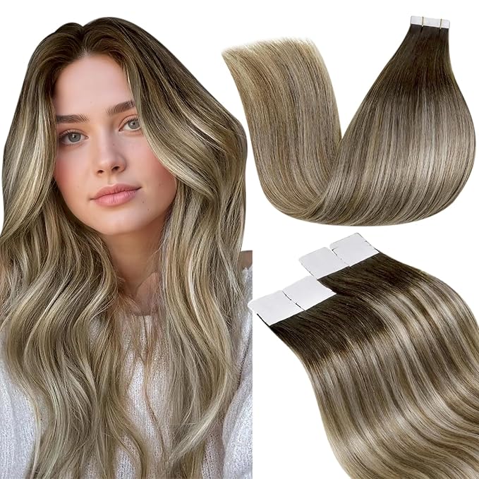 LaaVoo Tape in Hair Extensions Balayage Tape in Human Hair Extensions Ombre Dark Brown to Blonde Hair Extension Tape on Seamless 22inch 20pcs 50g