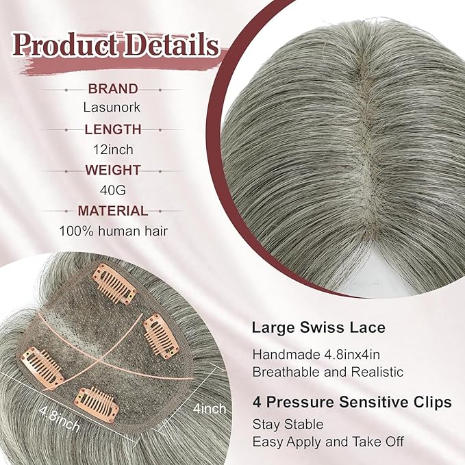 YAMI Hair Toppers for Women 100% Real Human Hair Toppers for Women 12Inch Large Upgrade Swiss Base Cover Hairloss and Add Volume (Mixed Grey)