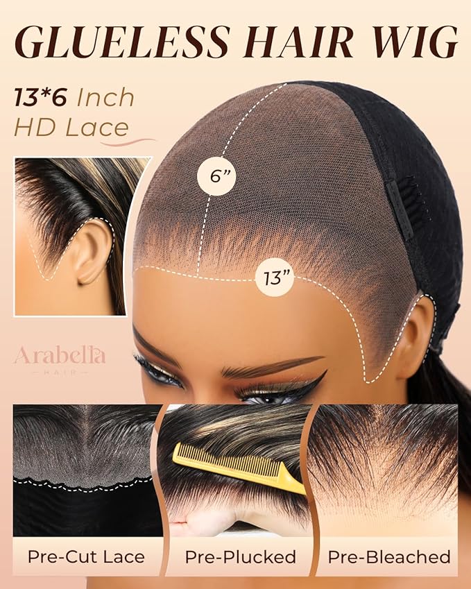 Arabella 13x6 Balayage Wig Human Hair Glueless Wigs Human Hair Pre Plucked Pre Cut 13x6 Ear to Ear Full HD Lace Front Wigs 210% Density 1B/27 Straight Wig Drawstring Wig Human Hair 26 Inch