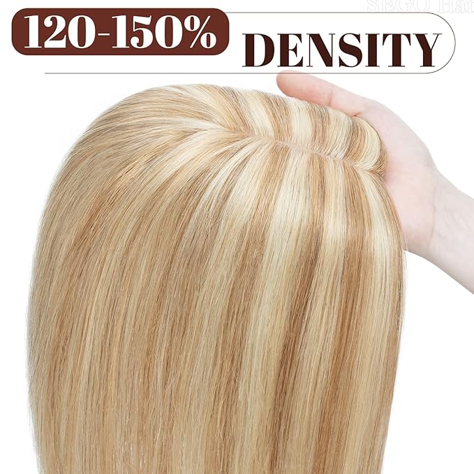 SEGO Hair Topper for Women, No Bangs Real Human Hair Topper with Anti-Slip Clips (8 Inch#12/613 Golden Brown Mix Bleach Blonde)