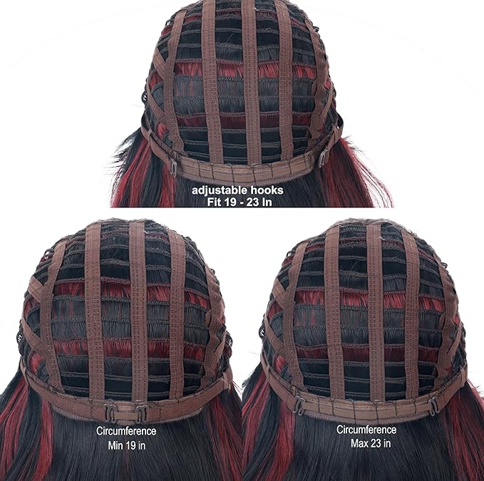 Burdundy-Black Hair Wavy Wigs With Bangs For Women Synthetic Black Hair With Red Undertones Wigs For Daily Use Everyday Wear.