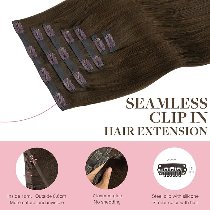 GOO GOO Clip in Hair Extensions Real Human Hair, Remy Human Hair Extensions Clip ins for Women, Natural Human Hair, 22 Inch 140g 7Pcs, 4A Chocolate Brown