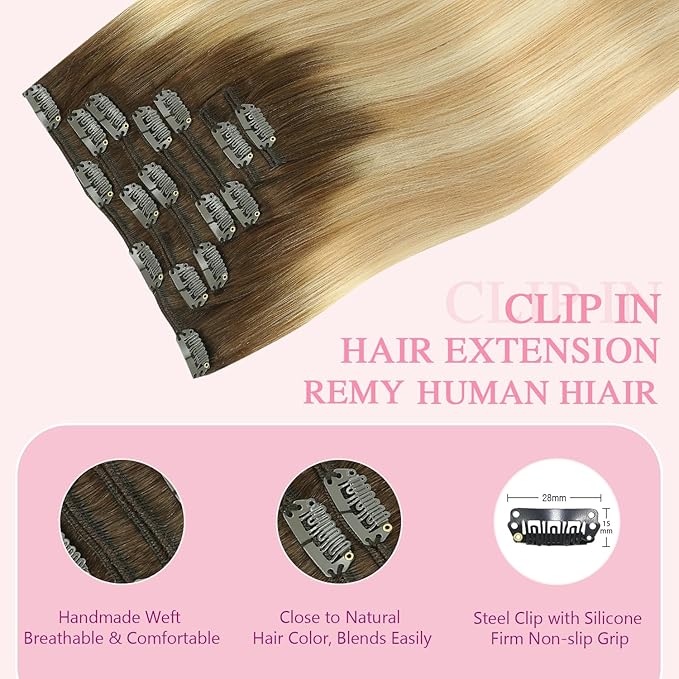 PINKPEARL Clip in Hair Extensions Real Human Hair, Remy Human Hair Extensions Clip ins, 22inch 120g 7Pcs, #4/27/60 Balayage Chocolate Brown to Caramel Blonde and Platinum Blonde(#4/27/60-22)