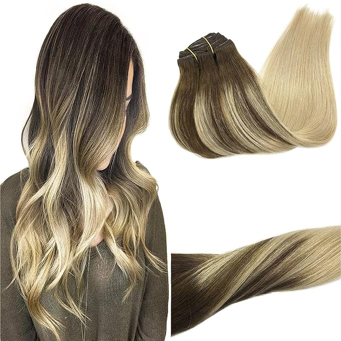 GOO GOO Clip in Hair Extensions Real Human Hair, Remy Human Hair Extensions Clip ins for Women, Natural Human Hair, 24inch 120g 7Pcs, 4/18 Balayage Chocolate Brown Highlighted Dirty Blonde