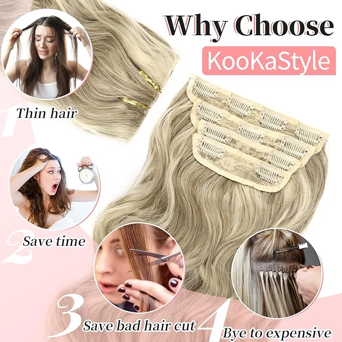 KooKaStyle Clip in Synthetic Highlight Hair Extensions Long Wavy 4PCS Thick Hairpieces Ashy Beige Blonde Balayage Fiber Double Weft Natural Hair Extensions 20 Inch for Women