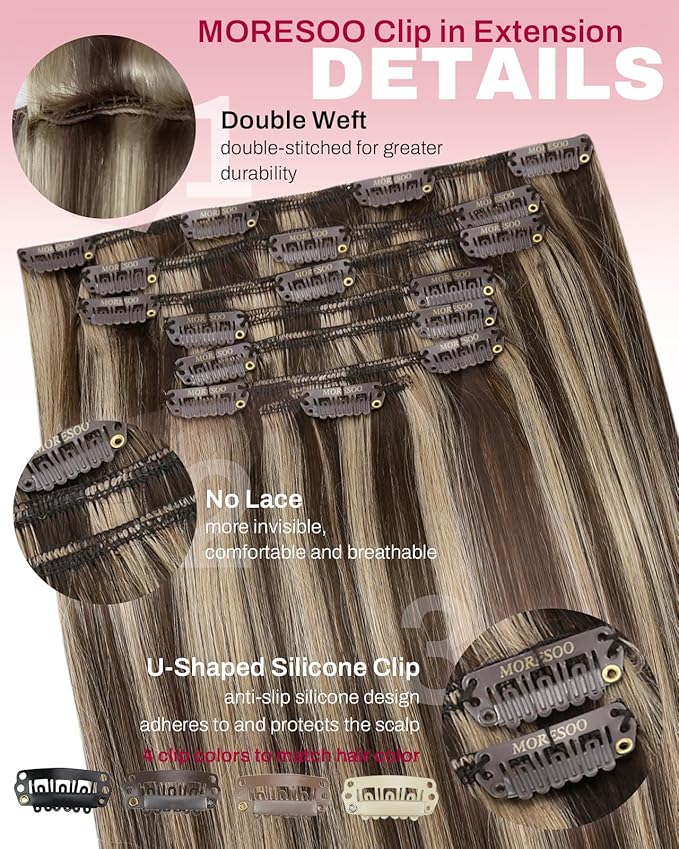Moresoo Clip in Hair Extensions Dark Brown with Caramel Blonde Highlight Hair Extensions Real Human Hair Clip ins Brown Highlighted Full Head 7Pcs 120Grams 18inch