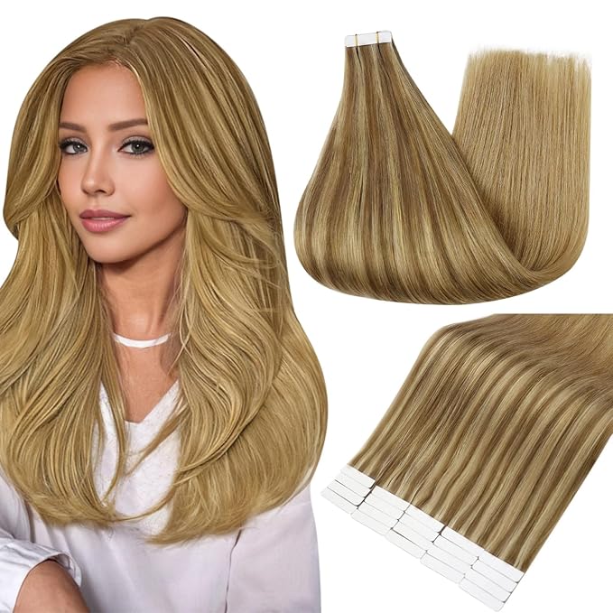 Full Shine Tape in Hair Extensions 14 Inch Remy Seamless Tape Ins Human Hair Extensions Color 10 Golden Brown and 16 Golden Blonde to 16 Blonde 20PCS 50 Grams for Party