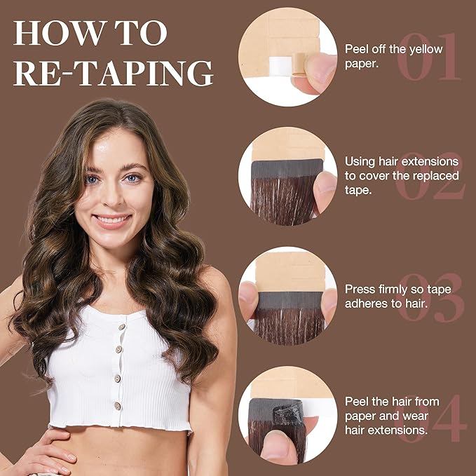 GOO GOO Tape in Hair Extensions Human Hair, 2C/4E/6C Brown Sugar Swirl Highlights, 22inch 50g 20pcs, Skin Weft Seamless Invisible, Silky Straight with Thick Ends, Remy Human Hair