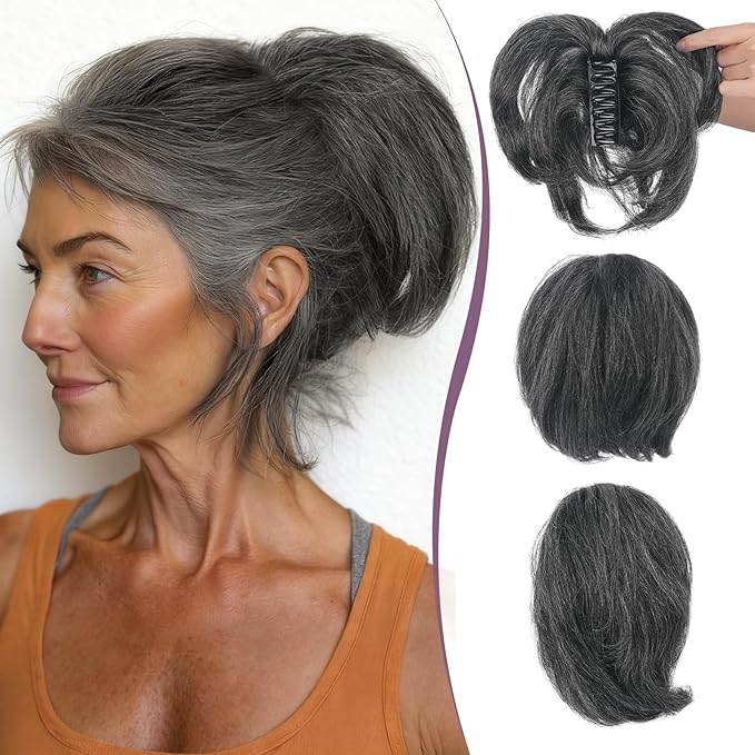 RUWISS Claw Clip Short Human Hair Ponytail Extension with Bendable Metals for DIY Styles Straight Messy Bun Hair Piece for Women Hairpieces for Daily Wear, 9 Inch Dark Grey Mixed Jet Black