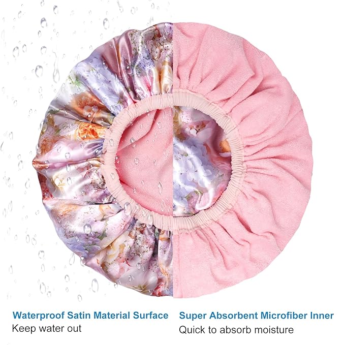 Upgraded Waterproof Terry Shower Caps, Reusable Shower Cap for Women with Long Hair, Soft Absorbent Hair-Protecting Towel Lining Bath Cap, Large Leak-Proof Hair Cap with Fashionable Print Outer-Pink
