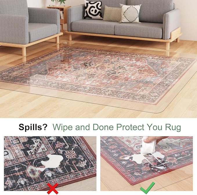 Crystal Clear Floor Mat 8×10ft, Upgraded Easy Flat Waterproof Vinyl Rug Cover, Large Stain-Resistant Plastic Area Rug Floor Protector for Kitchen, Dining Room, or High-Traffic Areas