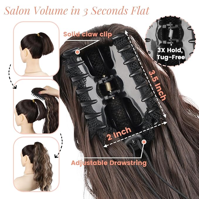 Claw Clip Ponytail Extension 18 Inch Curly Wavy Ponytail Extension Jaw Clip on Pony Tails Hairpiece for Women Fluffy Natural Synthetic for Daily Use (Dark Chocolate Brown)