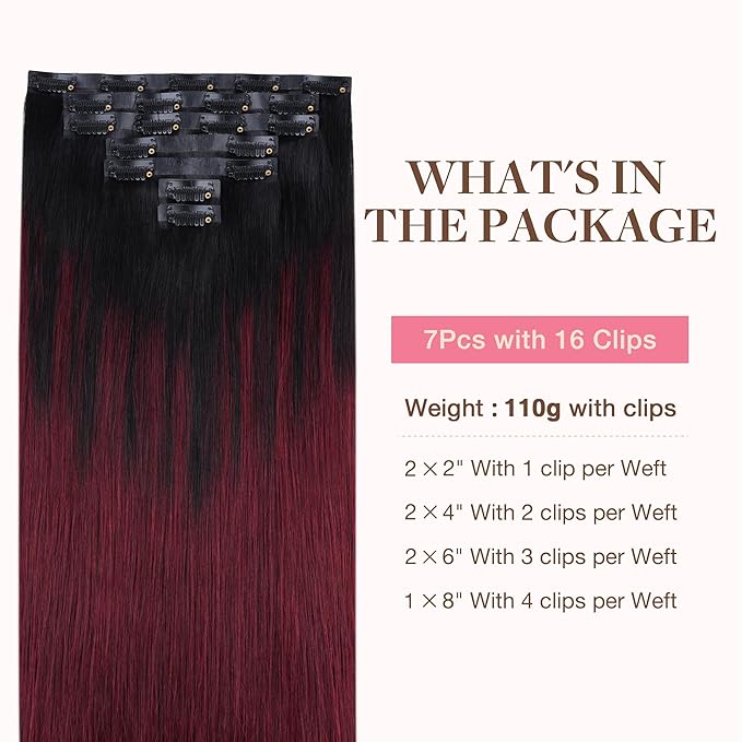 GOO GOO Clip in Hair Extensions Real Human Hair, Remy Human Hair Extensions Clip ins for Women, Natural Human Hair, 20inch 150g 7 Pcs, #1/99j Balayage Jet Black to Red Seamless Blend