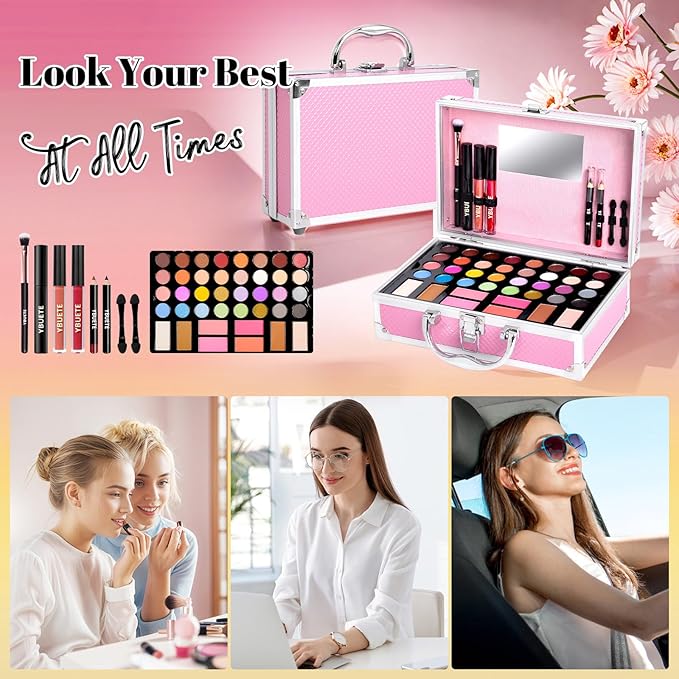 Beginner Makeup Kit for Teen,Makeup Gift Set for Girl Women,Beginner Makeup Kit with Cosmetic Train Case Included 32 Colors Eyeshadow Blusher Contour Lip Gloss Lip Liner Mascara Eyeliner Mirror