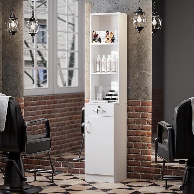 Wall Mount Salon Stations for Hair Stylist, Hair Salon Storage Cabinet, Beauty Barber Station with Lockable Drawer, Shelves, Storage Cabinet, White