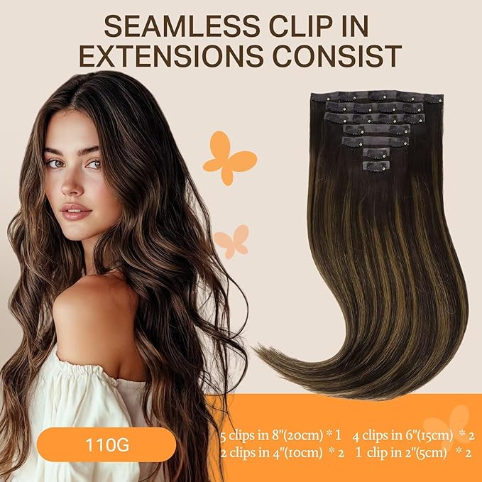 DOORES Seamless Clip-in Hair Extensions, Dark Brown to Chestnut Brown, 7pcs 110g, 14 Inch, Remy Human Hair, Straight, Invisi Edge