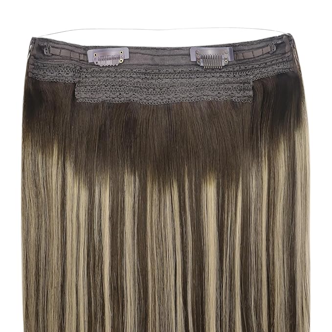 YoungSee 120G Wire Hair Extensions Balayage Brown Fish Line Hair Extensions Real Human Hair Ombre Dark Brown with Ash Blonde Hair Extensions Wire for Women 16Inch