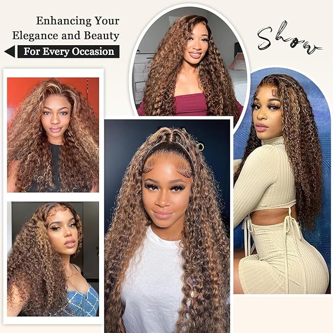 32 Inch Highlight Ombre Human Hair Wigs 13x6 HD Honey Blonde Deep Wave Lace Front Wigs Human Hair 180 Density Glueless Deep Wave 4/27 Colored Wet and Wavy Curly Wig Pre Plucked for Women