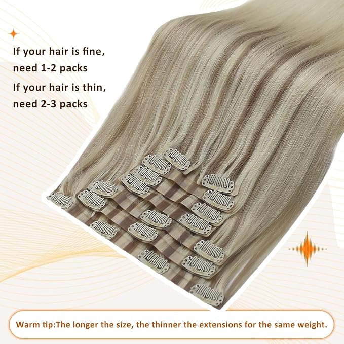 Full Shine Clip in Human Hair Extensions 22 Inch Ash Blonde Balayage Light Blonde Mix Platinum Blonde Real Hair Clip in Extesnions Silky Hair Extension 8 PCS 120 G