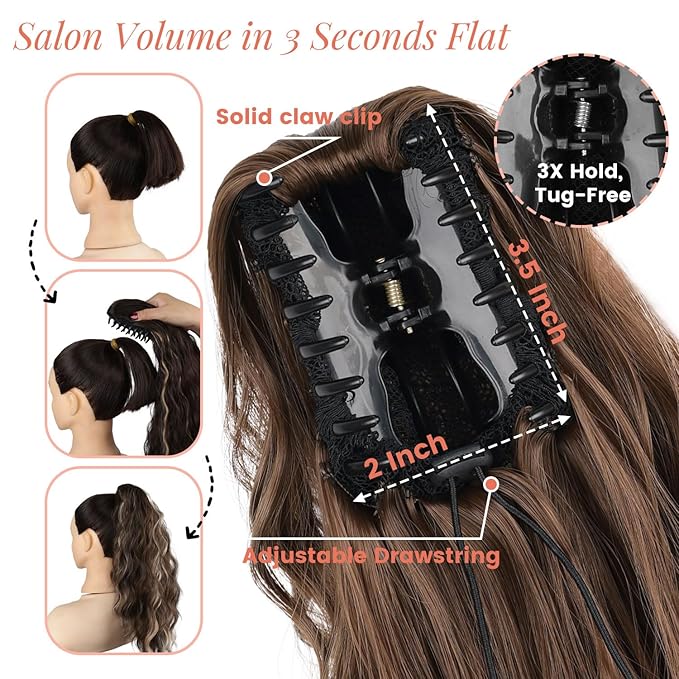 18" Ponytail Extension, Claw Clip Ponytail Extensions for Women Wavy Pony Tails Hair Extensions Fluffy Natural Looking Synthetic Hairpiece for Daily Use (Light Auburn Brown)