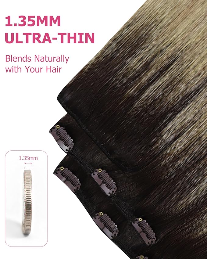 YoungSee Ombre Hair Extensions Clip ins Medium Brown Roots to Golden Mix Platinum Blonde Clip in Hair Extensions Real Human Hair Brown to Blonde Clip in Hair Extension Short Hair 12Inch 7Pcs 85G