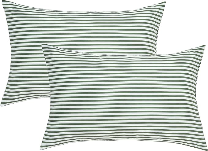 JELLYMONI 100% Natural Cotton Striped Standard Pillowcases Set, 4 Pack White and Grey and Green Stripes Pillow Covers with Envelope Closure(Pillows are not Included)