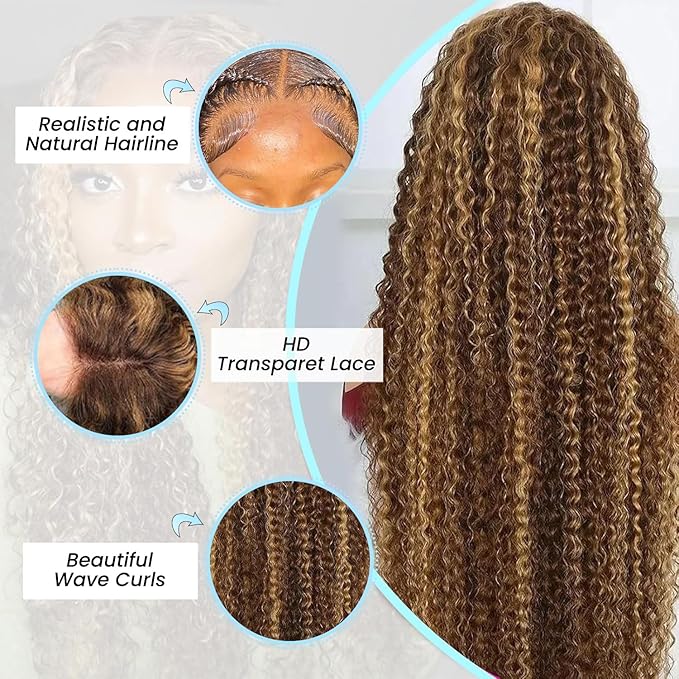 Honey Blonde Highlight Ombre Lace Front Wig Human Hair 210 Density 13x6 HD Lace Front Wigs Human Hair Deep Wave Curly Lace Frontal Wigs Pre Plucked with Baby Hair 32Inch