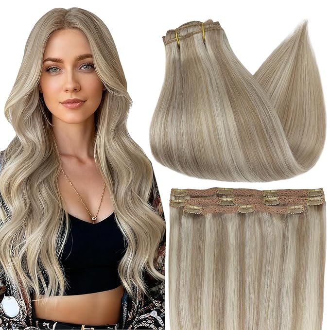 Full Shine Clip in Extensions for Women Lace Weft Golden Blond Highlighted Blonde Human Hair Clip in Extensions Straight Hair Clip ins Longevity 14 Inch 3 PCS 60 Grams