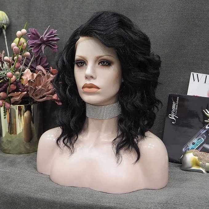 IMSTYLE Short Lace Front Wig Black Synthetic Wig Short Bob Wigs for Women Natural Wavy for Cosplay and Drag Queen
