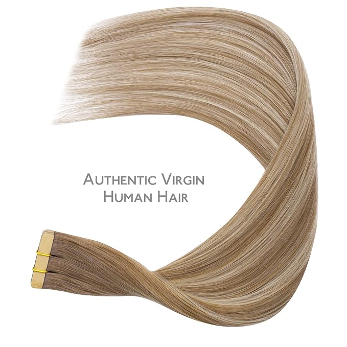 WENNALIFE Tape in Hair Extensions Human Hair Balayage Dirty Blonde with Platinum Ends Tape in Extensions, 10pcs 20g 12 inch Remy Invisible Tape Ins Straight Colored Soft Refill Set