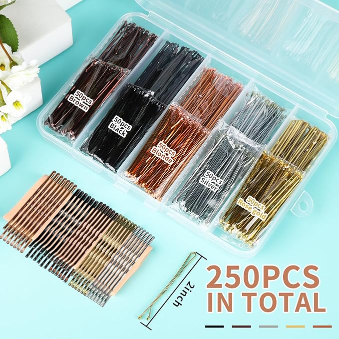 Teenitor Bobby Pins, 250 Pcs 2Inch Bobby Pins Bulk for Women Girls, Silver, Black, Blonde, Brown - Secure Hold, Hair Pins with Storage Box, All Hair Types
