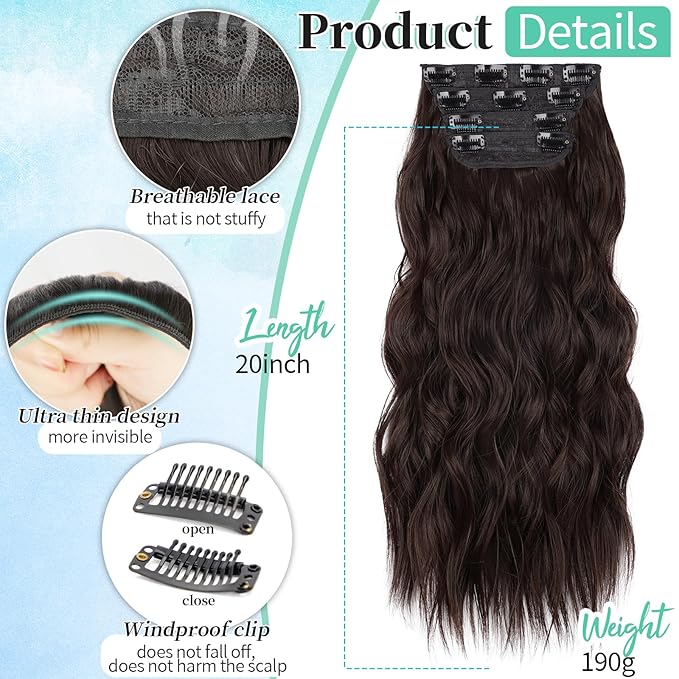 KooKaStyle Clip in Synthetic Hair Extensions Long Wavy 4PCS Thick Hairpieces Chocolate Brown 33Y# Fiber Double Weft Natural Hair Extensions 20 Inch for Women