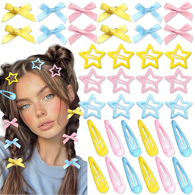 36Pcs Pink Mini Hair Bows Blue Water Drop No Slip Hair Clips Star Snap Hair Barrettes for Women Yellow Small Bows for Hair Star Bowknot Hair Accessories for Teens Girls