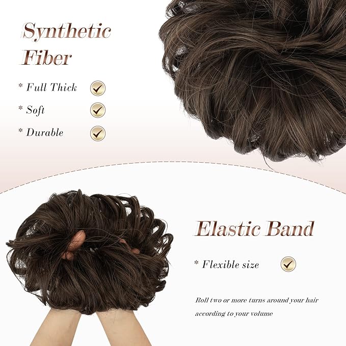 FESHFEN Messy Bun Hair Pieces - Large Wavy Curly Elastic Hair Bun Scrunchies Ponytail Extensions Synthetic Chignon Hairpieces for Women, Dark Brown & Light Auburn Mixed 1.94oz